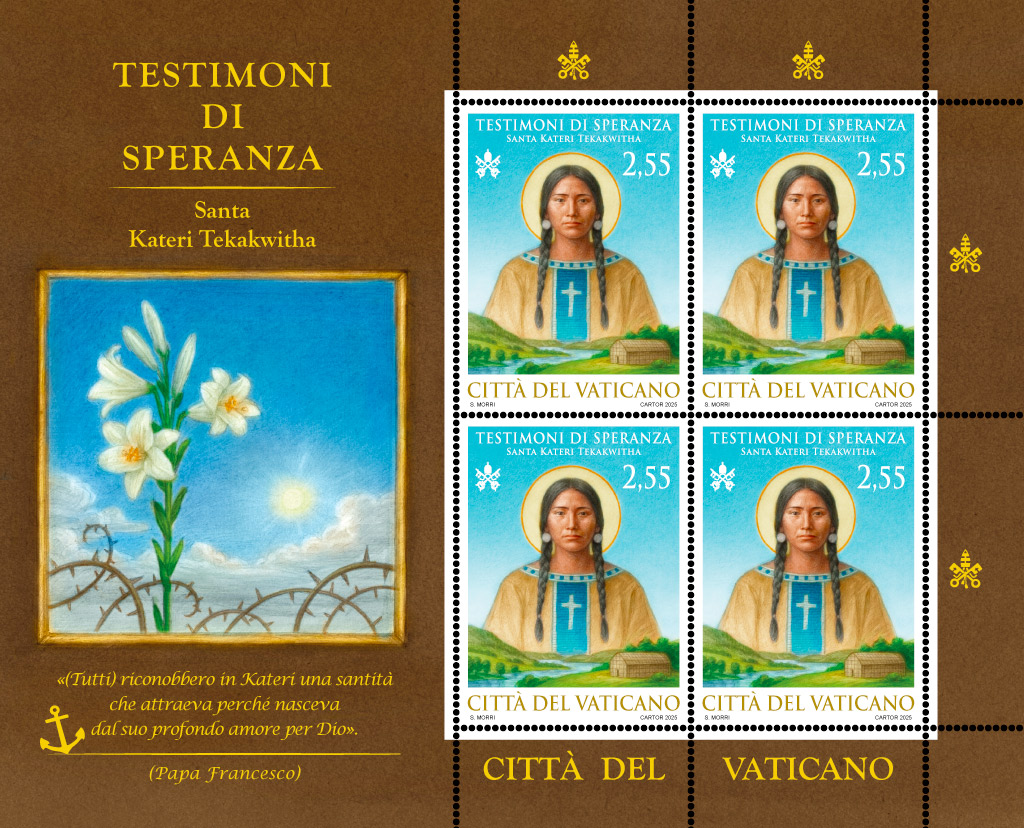 Francobollo e annullo postale speciale die emissionis Testimoni di Speranza: Santa Kateri Tekakwitha